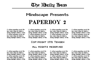 The title screen displays "The Daily Sun" masthead at the top in serif font, followed by "Mindscape Presents" and "PAPERBOY 2" in large capital letters centered on the screen. Below the title are eight columns of identical small placeholder text blocks representing newspaper content. A copyright notice reading "COPYRIGHT 1991 TENGEN" and "ALL RIGHTS RESERVED" appears in the lower portion. The layout uses a black and white color scheme with a simple, text-based design typical of early 1990s DOS game interfaces.