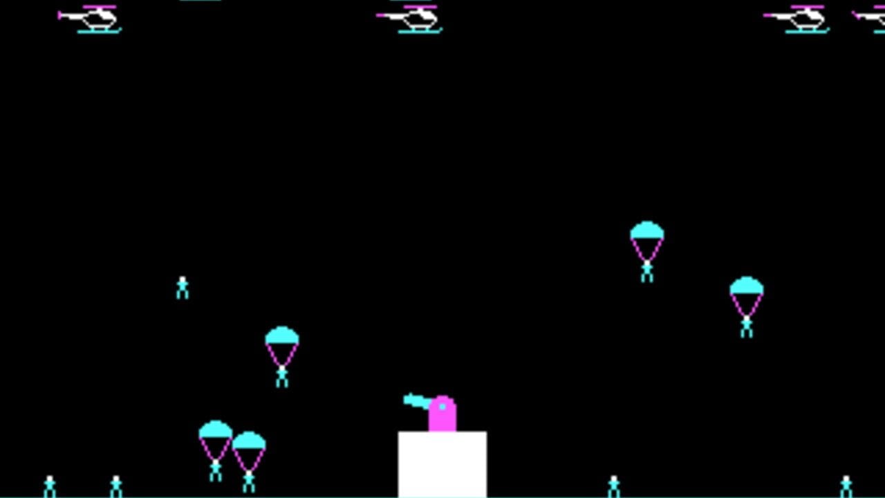 A black background displays cyan and magenta pixel-art parachuting soldiers descending from the top, with several scattered across the screen at varying heights. A small cyan figure stands on the left side, while a magenta figure with a cyan gun stands on a white platform in the center-right, aiming upward. Four cyan helicopter sprites appear in a repeating pattern across the top edge. The low-resolution pixelated graphics use a two-color palette against the black screen.