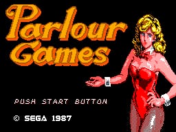 The title screen displays "Parlour Games" in large orange text at the top center, with a blonde woman in a red dress standing to the right. Below the title, "PUSH START BUTTON" appears in white text, and a copyright notice reads "© SEGA 1987" at the bottom. The background is solid black, and the entire interface uses pixelated, 8-bit sprite graphics typical of Sega Master System hardware.