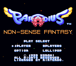 A title screen displays the Parodius logo at center with purple and blue coloring and yellow wings, set against a black starry background. Below the logo, yellow text reads "NON-SENSE FANTASY". A menu structure appears lower on screen with options for PLAY, SELECT, MULTIPLAYER, OPTION, LOLLIPOP, and a copyright notice for Konami dated 1994. The entire interface uses pixelated arcade-style fonts typical of early 1990s SNES graphics.