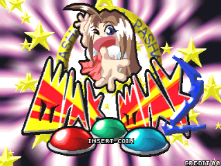 A cartoon character with a large round head, wide eyes, and open mouth dominates the center of the screen, rendered in bright colors against a purple radiating background. The character wears what appears to be a red cap or hat. Yellow stars burst outward around the character, and the word "PASHA PASHA" appears in large yellow and red block letters with a zigzag pattern on either side. Two colored spheres—one red and one blue—sit beneath the character, labeled "INSERT COIN". Copyright text "© ECOTECH" appears in the bottom right corner. The overall style is characteristic of late 1990s arcade game artwork with bold outlines and saturated colors.