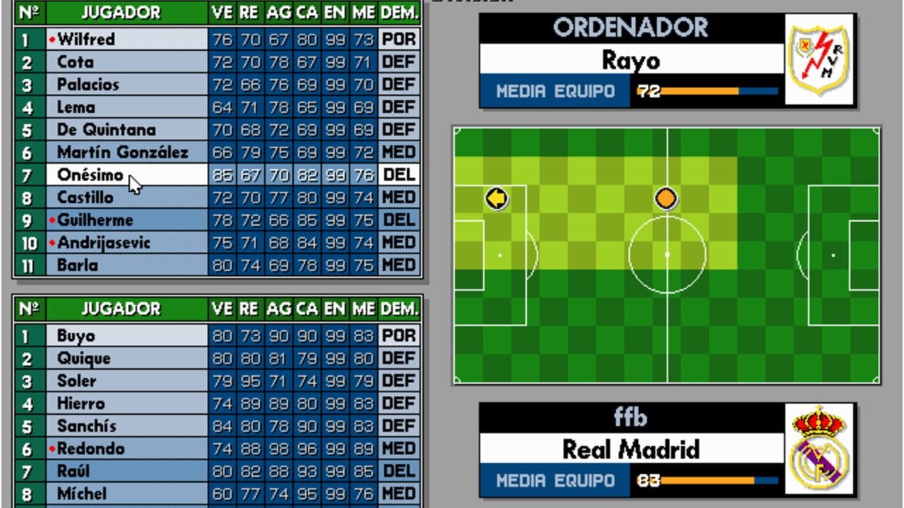 A DOS-era football management interface displays two team rosters on the left with player names and numerical stats across columns labeled VE, RE, AG, CA, EN, ME, and DEM, with position indicators (POR, DEF, MED, DEL) on the right. The center shows a football pitch with two player icons positioned on the field. The right side displays team management screens for Rayo (top, team rating 72) and Real Madrid (bottom, team rating 83), each with their respective club crests. The interface uses a light blue roster background with green text for stats and a green grass field with white pitch markings.