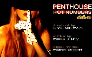 The title screen features a woman with long red hair and a dalmatian-print garment against a warm orange background on the left side. On the right, white and orange text displays the game title "PENTHOUSE HOT NUMBERS deluxe" along with developer credits listing Developed by Alderon Software, Written by William H. Gray, and Original Scoring by Winfried Stappett. The overall color scheme uses orange, yellow, and white tones typical of early 1990s DOS graphics.