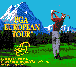 The title screen displays "PGA EUROPEAN TOUR" in large yellow text centered above a photograph of a golfer mid-swing against a mountain backdrop and clear sky. Below the title, the PGA Tour logo appears in yellow with a golf ball graphic. Credits listing Unexpected Development, Sony and Hardball, and Electronic Arts are visible at the bottom. The background features a realistic scenic landscape with snow-capped peaks, dense evergreen forest, and manicured green grass, creating a natural golf course setting.