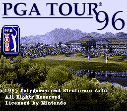 The title screen displays 'PGA TOUR 96' in large blue text at the top, with the PGA Tour logo in a vertical blue box to the left. The background shows a golf course landscape with a mountain in the distance, spectators lining the fairway, and a blue water hazard crossing the course. At the bottom, copyright text reads '©1995 Polygramme and Electronic Arts. All Rights Reserved. Licensed by Nintendo.' The overall presentation uses a 16-bit color palette with detailed sprite-based graphics rendered in the Game Boy's monochrome screen style.