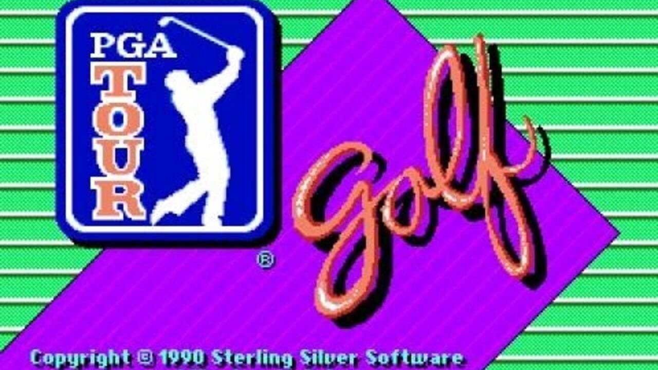 The PGA Tour Golf II title screen displays a blue rectangular logo featuring a white silhouette of a golfer mid-swing on the left side, with "PGA TOUR" text in orange and white. To the right, stylized red and gold script lettering spells "golf" on a large magenta diamond shape against a bright green horizontal-line background. A registered trademark symbol appears below the logo, and copyright text for Sterling Silver Software from 1990 is visible in light blue at the bottom of the screen.