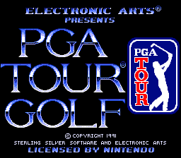 The title screen displays "PGA TOUR GOLF" in large blue outlined text centered on a black background. Below the main title is the official PGA Tour logo featuring a golfer silhouette in a rectangular badge. At the top, "ELECTRONIC ARTS" appears in smaller blue text with "PRESENTS" underneath. The bottom of the screen shows copyright information and credits to Sterling Silver Software and Electronic Arts, dated 1990. The overall design uses a limited blue and black color palette typical of DOS-era graphics.