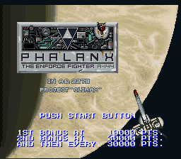 The Phalanx title screen displays the game logo at the top with a dark metallic aesthetic. Below, text reads 'PUSH START BUTTON' in blue lettering, with additional status information showing '1ST ENEMY' and '3RD ENEMY' labels along with '30000 PTS' displayed at the bottom right. The background features a beige-tan gradient with subtle textured details. The overall layout uses the SNES's 16-bit color palette and sprite-based typography typical of early 1990s shoot-em-up presentations.