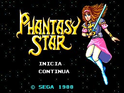 The title screen displays 'PHANTASY STAR' in large yellow letters across the top center against a starfield background. A female character sprite with reddish hair, wearing pink and purple clothing, stands to the right of the title with her hand raised. Below the title, two menu options appear in white text: 'INICIA' and 'CONTINUA'. The SEGA 1988 copyright notice is positioned in cyan text at the bottom left corner. The overall aesthetic uses a limited color palette typical of 8-bit SMS graphics with a black starry backdrop.