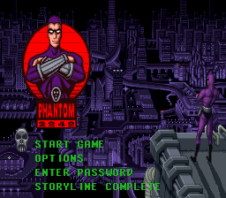 A red-clad masked character with a gun stands prominently on the left side against a dark purple and blue pixelated cityscape background. The title "PHANTOM 2040" appears in red text above the character. Below are menu options in white text: START GAME, OPTIONS, ENTER PASSWORD, and CONTINUE GAME. A gray robotic arm or weapon extends from the right edge of the screen. The overall color palette uses dark purples, blues, and reds with a low-resolution sprite-based art style typical of Game Gear graphics.