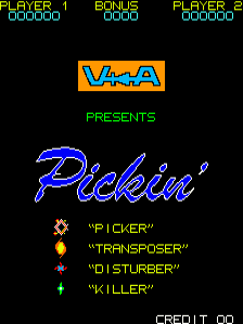 The title screen features the ValadonAutomation logo in blue and orange at the top, with green text reading 'PRESENTS' below it. The word 'Pickin'' appears in large blue italicized script as the main title. A vertical list of four character names in green text occupies the lower portion: 'PICKER', 'TRANSPOSER', 'DISTURBER', and 'KILLER', each preceded by a small colored icon—orange, yellow, red, and green respectively. A 'CREDIT' label appears in the bottom right corner. The background is solid black, and the overall visual style uses bright neon-like colors typical of early 1980s arcade games.