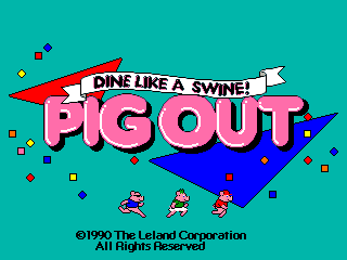 A turquoise background displays large pink and purple pixelated text spelling "PIGOUT" with a red banner above reading "DINE LIKE A SWINE!" Small colorful square sprites and two pig-like characters are positioned in the lower portion of the screen. A copyright notice for Leland Corporation from 1990 appears at the bottom. The overall aesthetic uses bright primary colors typical of early 1990s arcade graphics, with simple geometric shapes and chunky pixel sprites against the solid cyan backdrop.