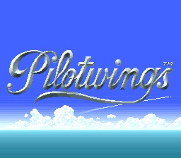 The Pilotwings title screen displays the game's logo in large white and yellow script lettering centered in the upper portion against a bright blue sky background. Below the logo, a thin white line represents the horizon, with fluffy white clouds visible in the mid-ground and a teal ocean filling the lower half of the screen. The SNES-era graphics use a limited color palette with smooth gradients creating a serene sky scene. A small registered trademark symbol appears next to the title.