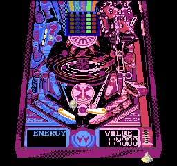 A pinball table viewed from above displays a central flipper mechanism in black with purple and pink neon accents throughout the playfield. Bumpers, ramps, and targets scatter across the blue and magenta color palette in 16-bit sprite resolution. A status bar at the bottom shows "ENERGY" on the left, a blue diamond logo in the center, and "VALUE 1 99800" on the right, with a small ball indicator in the lower corner. Bright pink borders frame the entire table layout.