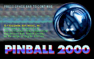 The title screen displays 'PINBALL 2000' in large, rainbow-colored pixelated letters at the bottom center. Above it, a blue spherical pinball graphic dominates the upper right portion of the screen. Text reading 'PRESS SPACE BAR TO CONTINUE' appears at the top in white. The background shows a textured pattern in gray and blue tones. Copyright information for Goodman Software, Inc. is visible in small text on the left side, along with credits and system requirements for DOS.