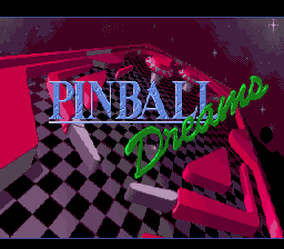 The title screen displays "PINBALL" in large blue pixelated lettering with "Dreams" in green script beneath it, centered against a dark magenta background. A checkered black-and-white floor pattern extends into the distance below the text, creating a perspective effect. Pinball machine elements and flippers are visible in the background, rendered in dark silhouettes. The overall color scheme uses bright magentas, blacks, and grays typical of early 1990s sprite-based graphics, with a pixelated art style consistent with SNES-era resolution.