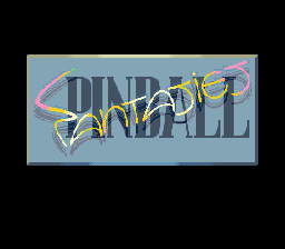 The title screen displays "PINBALL" in large gray pixelated letters across the center, with a yellow pinball and flipper graphic overlaid on the right side of the text. A purple oval ring frames the composition against a light blue background. The art style features 16-bit pixel graphics typical of early 1990s DOS games, with simple geometric shapes and a limited color palette.