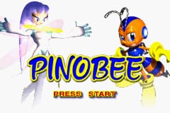 The title screen displays the Pinobee logo in large blue text with yellow outline in the center. To the left stands a purple-haired character in a yellow outfit shooting a projectile, while to the right is the titular orange bee character with a round body and yellow antennae. Below the logo appears red text reading "PRESS START" on a light beige background. The art style uses colorful sprite-based characters typical of GBA-era graphics.