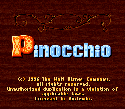 The title screen displays "Pinocchio" in large orange and blue pixelated letters against a dark red textured background with decorative vine scrollwork at the top. Below the title, white text reads "(C) 1996 The Walt Disney Company. All rights reserved. Unauthorized duplication is a violation of applicable laws. Licensed to Nintendo." The overall aesthetic uses a limited color palette typical of SNES-era graphics with blocky sprite-style typography.