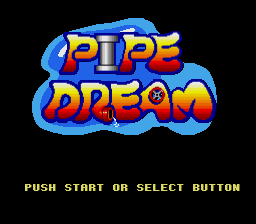 The title screen displays 'PIPE DREAM' in large, colorful pixelated letters with blue, yellow, and red coloring against a black background. The logo is surrounded by a blue cloud-like border. Below the title, white text reads 'PUSH START OR SELECT BUTTON' in a standard 8-bit font. The overall composition is centered on a plain black screen with a typical late-1980s DOS game aesthetic.