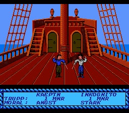 Two pixelated characters in blue and white stand on a red wooden ship deck. A large red wooden fortress structure with two arched doorways dominates the center background, flanked by blue latticed masts on either side against a bright blue sky. A status bar at the bottom displays character names and stats in white text on dark background. The scene uses a limited NES color palette with clear sprite pixelation typical of early 1990s 8-bit graphics.