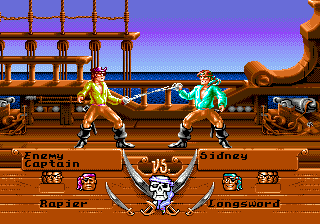 Two pirate characters face each other on a wooden ship deck with ornate railings and curved wooden architecture in the background. The left character wears yellow clothing while the right wears blue-green. A UI panel at the bottom displays character names ("Rapier" on the left, "Longsword" on the right) with weapon icons and small portrait thumbnails. The scene uses a 16-bit color palette with brown wood tones, blue sky, and decorative ship details visible above the deck. The sprite-based graphics show typical Sega Genesis resolution and style.