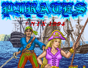 The Pirates title screen displays the logo in bright blue pixelated letters at the top. Below, two pirate characters stand on a dock scene: a male pirate on the left wearing a yellow bandana and blue coat holds a rope, while a female pirate on the right wears a purple dress and pink hat. Behind them are three tall sailing ships with brown masts against a light blue sky and water. The arcade-style graphics use bright colors and sprite-based 16-bit resolution typical of early 1990s arcade games.