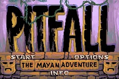The title screen displays 'PITFALL' in large yellow capital letters with a black outline against a purple background. Below the title sits a subtitle banner reading 'THE MAYAN ADVENTURE' in yellow text. At the bottom, menu options appear including 'START', 'CONTINUE', 'DEMO', and 'INFO' in a tan-colored bar. The overall design uses a limited color palette of purple, yellow, black, and tan typical of Game Boy Advance resolution.