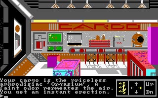 A 1989 DOS game interior scene rendered in low-resolution pixel art displays a kitchen or dining area with orange and pink walls, wooden furniture including chairs and a table, overhead pendant lights, and appliances along the back wall. At the bottom of the screen, a yellow text window shows partial game information with blue and pink UI buttons labeled 'Al', 'T', and 'Up'. The left side shows a dark doorway or entrance. The color palette consists primarily of warm tones with magenta and cyan accents typical of 8-bit DOS graphics.