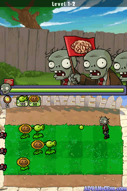 A split-screen view of Plants vs. Zombies Level 1-2 on Nintendo DS. The top panel shows a lawn scene with a wooden fence, tree, and three zombie characters with exaggerated eyes holding a red sign. The bottom panel displays the game board with green grass, tan soil borders, and several potted plant sprites arranged in rows alongside small zombie figures. A resource counter and plant selection menu appear along the left edge. The 8-bit sprite art uses flat colors and pixelated character designs typical of handheld ports from this era.
