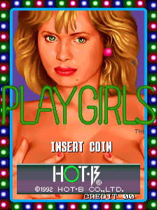 The title screen features a close-up photograph of a woman's face with blonde wavy hair and red lipstick centered in the frame, surrounded by a colorful border of small circular lights in red, blue, yellow, and green. Below the image, the green text "PLAYGIRL" is prominently displayed, followed by white text reading "INSERT COIN". A dark gray bar at the bottom contains copyright information for Hot-B Co., Ltd. and the year 1992, with "HOT-B" visible in a stylized logo.