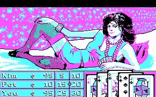 A woman in cyan and magenta clothing reclines against a bright magenta background with cyan star pattern. A horizontal game interface bar spans the bottom, displaying three player names (Kim, Peg, Sue) with associated numeric values and card symbols showing playing cards (spade, club, diamond, heart suits visible). The sprite artwork uses high-contrast colors typical of early DOS-era graphics with pixelated character animation.