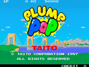 The title screen displays large yellow, blue, and green bubble letters spelling "PLUMP POP" against a bright blue sky background. Below the title, a cityscape silhouette with orange buildings and green grass occupies the lower third. A white bridge spans the left side of the skyline. At the bottom, white text reads "TAITO" with "© TAITO CORPORATION 1987" and "ALL RIGHTS RESERVED" in smaller font. A score display showing "1P", "Q HI", and "50000" appears in the top-left corner in pixelated white text. The overall aesthetic uses a limited 8-bit color palette with bright primary colors and a clear horizontal composition separating sky, cityscape, and text elements.