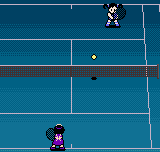 A tennis court viewed from above displays two pixelated player characters positioned at opposite ends—one in the upper portion wearing white, another in the lower portion wearing purple. A small white ball appears near the center of the court. The court features a teal-blue playing surface with a brown horizontal dividing line and thin white boundary markings. The graphics use low-resolution sprite work typical of handheld systems.