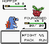 A Game Boy Color battle interface displays a blue Pokémon sprite on the left side labeled "HOPPIP" with level 3 and health bar. The opponent's red and green Pokémon sprite appears in the upper right, labeled "FOURARCHED" with level 20. Below are two command windows: one empty on the left, and one on the right showing "FIGHT/PACK" options with cursor selection visible. The monochrome pixel art uses the Game Boy Color's limited palette against a light background.