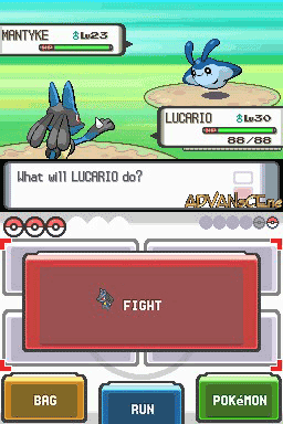A Pokémon battle screen displays two creatures: Mantyke at the top left and Lucario at the top right, each with health bars showing 80/88 HP. The battle interface features a large red FIGHT button in the center, with three menu options below: BAG, RUN, and POKÉMON. At the bottom, white text asks "What will LUCARIO do?" The background shows a grassy field with cyan sky. DS-style interface elements frame the screen with brown and blue buttons along the bottom.