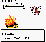 A Game Boy battle screen displays a wild Kiczek Pokémon in the upper right, depicted as a small brown and white bird sprite. The left side shows a flaming attack animation in orange and yellow, with a 'PIDGEY' label and experience point counter at the top left. Below, a white text box identifies the encountered Pokémon as 'KICZEK' with 'used TACKLE' displayed, indicating the move just executed. The interface uses the monochrome Game Boy color palette with black text on light gray background.