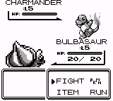 A Game Boy battle screen displays two Pokémon sprites facing each other. On the left, Charmander is labeled with its name at the top. On the right, Bulbasaur appears in a smaller sprite with a level indicator showing "20" below it. The bottom panel contains a white text box with "FIGHT" and "ITEM" menu options visible against a black background. The image uses monochromatic green and black pixel graphics typical of original Game Boy hardware.