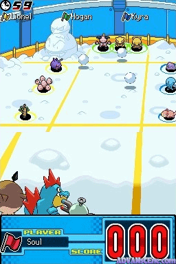 A top-down grid-based battle arena displays multiple Pokémon sprite characters scattered across yellow-lined tiles and snow-covered ground. In the bottom-left corner, a large fire-type Pokémon sprite is partially visible. The UI shows "POKEMON Soul" at the lower left, a score counter displaying "000" in the bottom-right, and a blue status bar at the top-left indicating "55" and "Normal" with item icons. Snowy mountains appear in the background, and various small Pokémon sprites of different colors occupy different grid squares across the white playing field.
