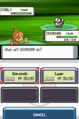 A Pokémon battle screen displays a wild Chimchar encounter against the player's Starry Pokémon. The upper half shows both creatures on a grass-field background with their names and health bars. Below are two move options: Scratch with 35/35 PP and Leer with 30/30 PP, rendered in card-style boxes with red borders. Two additional empty move slots appear below. A blue Cancel button sits at the bottom. The interface uses the sprite-based pixel art style typical of Nintendo DS Pokémon titles, with a green background fill.