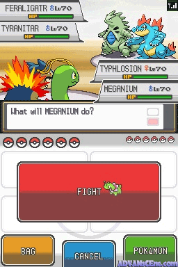 A Pokémon battle screen displays four creatures on the upper half: Feraligatr, Tyranitar, Typhlosion, and Negrinium, each labeled with their names and stats. Below sits a dialogue box asking "What will Negrinium do?" with five red status indicator circles at bottom left and five orange circles at bottom right. The lower section shows a red battle button labeled "FIGHT" with a small sprite, flanked by three interface buttons: "BAG" in orange, "CANCEL" in blue, and "POKÉMON" in green. The overall art style features 32-bit pixel sprites and a white background with tan and dark brown panel sections.