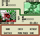 A Game Boy screen displays a Pokémon Trading Card Game battle interface split vertically. The left side shows a red card with a small pixelated creature illustration and "Selling Love" text below it, with a coin counter showing 00000. The right side depicts a green-leafed Pokémon sprite against a light background. Below both card areas, a brown status bar lists three action options: Attack, Check, and Retreat, with Power, Poker, and Some labels visible. The top displays small numerical values and game status indicators typical of early Game Boy graphics and layout design.