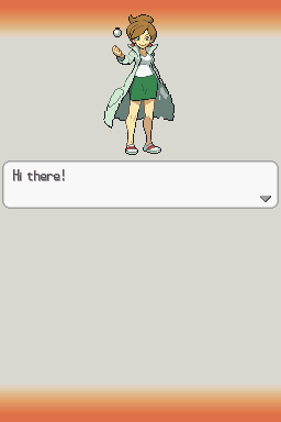 A character sprite with brown hair wearing a green dress and cape stands in the center of the screen against a gradient orange-to-white background. The character holds a pokéball in one hand and has a cheerful expression. Below the character is a white dialogue box containing the text "Hi there!" in black text. The art style uses pixel-based sprites typical of Nintendo DS era Pokémon games.