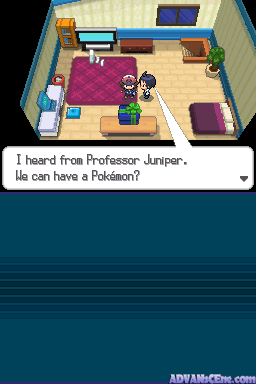 An indoor bedroom scene viewed from above shows a player character standing near a pink bed with purple pillows. A dialogue box at the bottom displays text reading "I heard from Professor Juniper. We can have a Pokémon?" The room contains furniture including a desk with a computer monitor, bookshelves, and various household items arranged along beige walls. The sprite-based graphics use a warm color palette typical of Nintendo DS-era Pokémon games.
