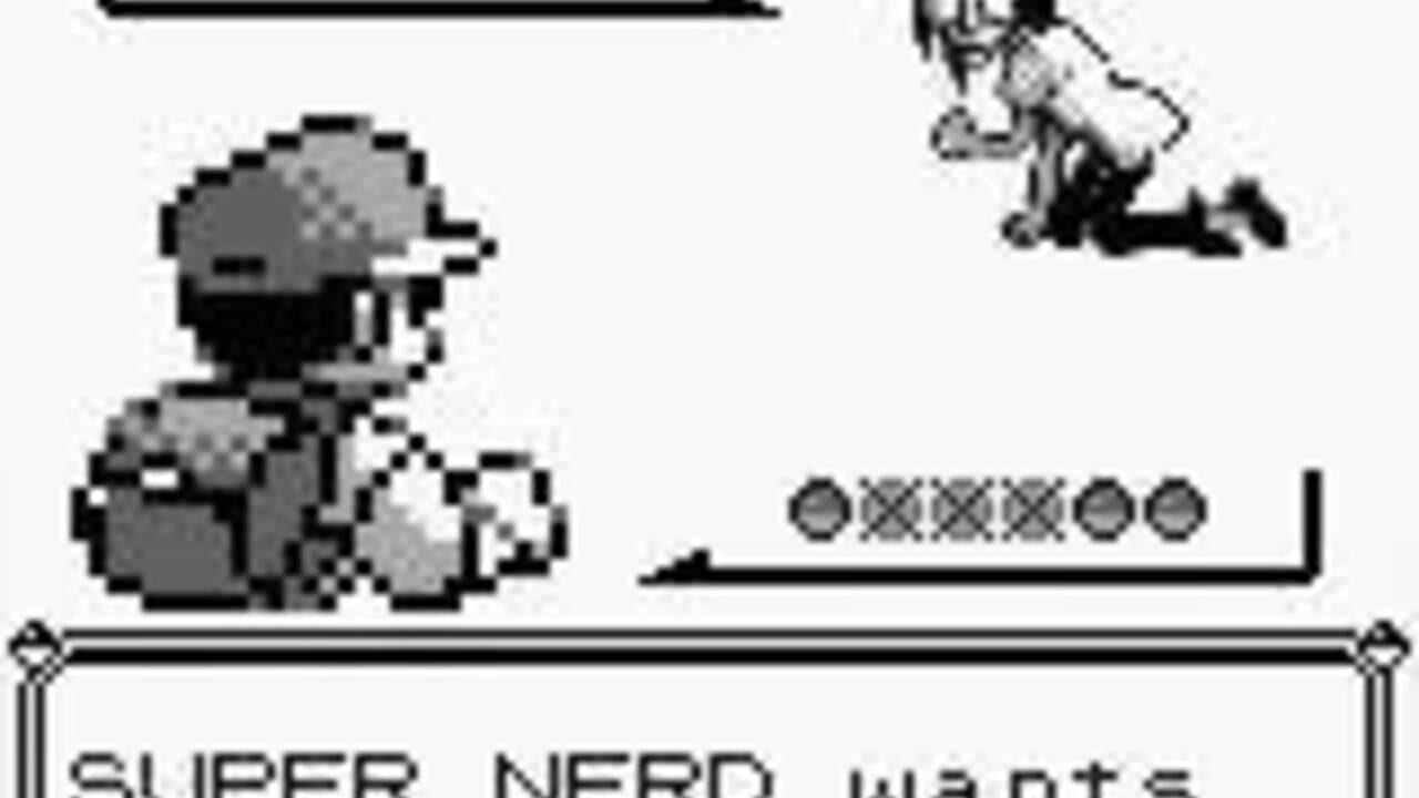 A Game Boy battle screen displays a pixelated gray and black Pokémon sprite on the left side, facing a small white character sprite in the upper right. Below the player's Pokémon is a white health bar with a diamond-shaped cursor on each end. The center shows a circular icon followed by four X symbols and two circles, representing move selections. At the bottom, text begins with "SUPER NERD wants" in a monospace font. The entire interface uses the monochrome green-gray Game Boy color palette with black outlines framing the battle area.