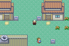 A top-down view of a grassy town area rendered in 8-bit pixel art. Two buildings with brown roofs occupy the top of the screen, flanking the scene. A player character in red and white stands near center on the teal grass. Several Pokémon sprites are scattered across the ground: yellow creatures in the upper right, a pink Pokémon below center, and a brown one to the right. A well or water structure appears in the lower left corner. A purple item or object sits in the middle ground. The interface uses a green-tinted color palette typical of Game Boy Advance hardware.