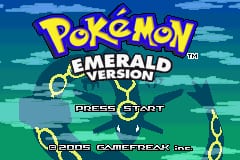 The Pokémon Emerald Version title screen displays the large yellow 'POKÉMON' logo at the top with 'EMERALD' and 'VERSION' text directly below in green and blue. A stylized green and blue water pattern fills the background with horizontal wave-like striping. At the bottom center, white text reads 'PRESS START' with additional smaller text below indicating 'Game Freak Inc.' The overall composition uses a 8-bit pixel art style characteristic of Game Boy Advance graphics, with a limited color palette of yellows, greens, blues, and whites against the aquatic-themed background.