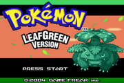 The Pokémon LeafGreen title logo appears in large yellow text at the top of the screen against an orange gradient background. Below it, a bulbous green Pokémon creature with a bulb-like protrusion on its back is displayed in sprite form, centered in the lower portion. A black horizontal bar spans the top, and a green text line reading "Press Start" sits at the bottom, with copyright text visible in the lower left corner. The art style uses 8-bit pixel graphics typical of Game Boy Advance games.