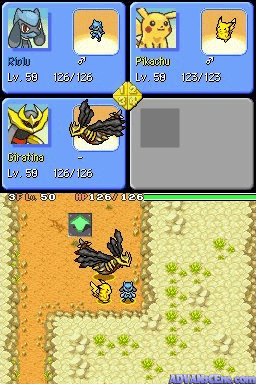 The screen displays a split layout: the upper half shows a party menu with four Pokémon sprites (Piplup, Pikachu, and Pikachu again in top row; Pikachu and a dark bird Pokémon in bottom row) alongside their levels and HP bars, with a gold coin icon and empty gray inventory slot visible. The lower half shows an overhead dungeon view with a brown dirt path, grassy terrain, and sprite-based characters including what appears to be a black bird Pokémon and smaller yellow Pokémon figures positioned on the tiled map. UI elements at the bottom display turn count and current inventory status. The art style features 8-bit style pixel sprites typical of Nintendo DS-era Pokémon games.