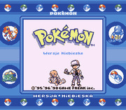 The Pokémon Red title logo appears centered in white text against a light background, surrounded by a decorative blue border containing eight circular icons arranged symmetrically around the edges. Below the title, two pixel-art trainers stand facing each other in a battle pose on a checkered floor pattern, with stylized sprite proportions typical of Game Boy Color graphics. Small text appears beneath the trainer sprites.